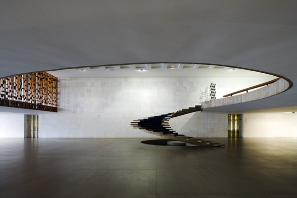 View of the sculptural staircase to the circular mezzanine