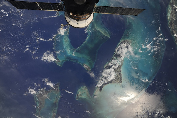 The Bahamas below the International Space Station with a Soyuz unit attached.