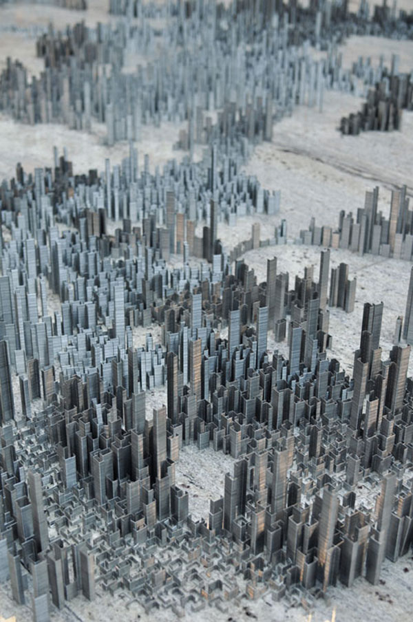 Peter root ephemicropolos art installation urban city made of staples 1