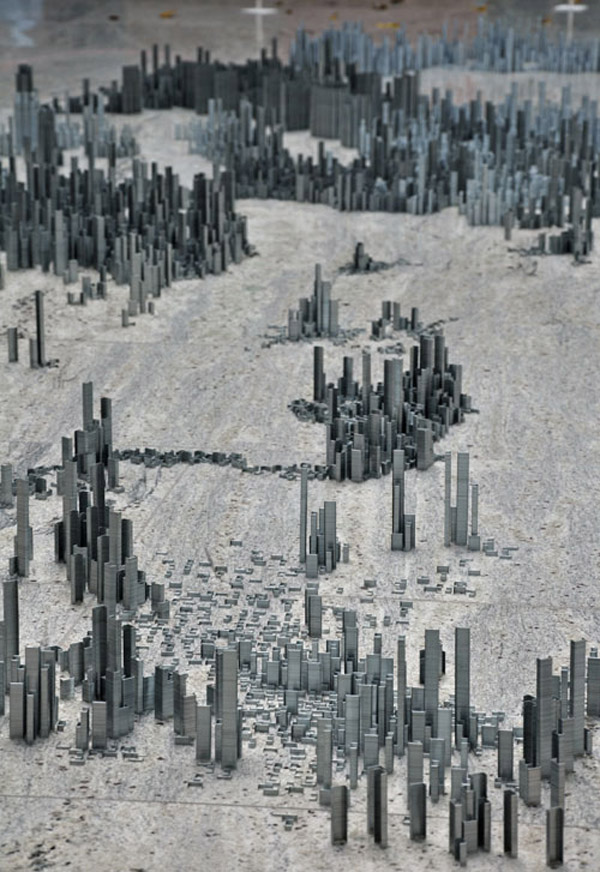 Peter root ephemicropolos art installation urban city made of staples 2