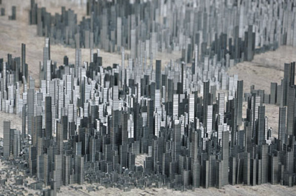 Peter root ephemicropolos art installation urban city made of staples 6