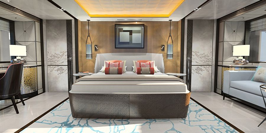Opulent bedroom and interior of the Jetsetter superyacht