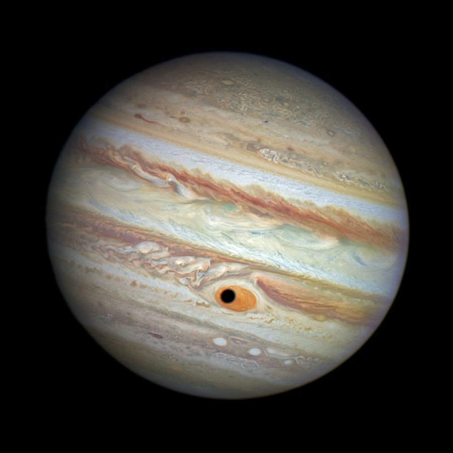 Jupiter's Great Red Spot and Ganymede's shadow — colour