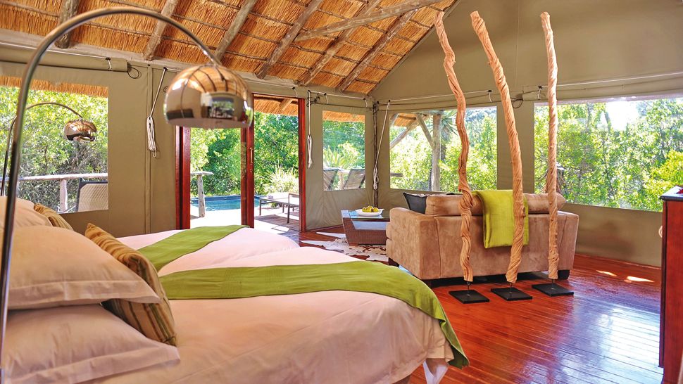 Room with thatched roof ceilin and tent walls