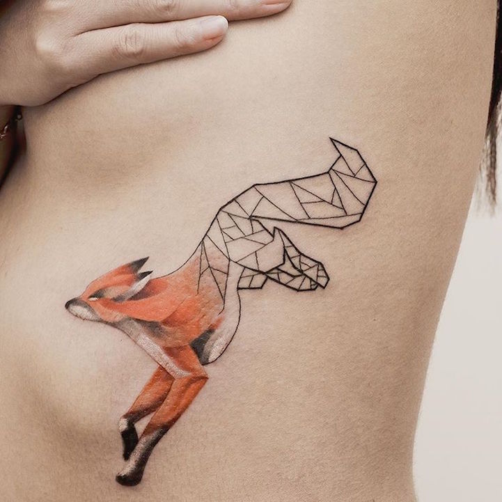 Woman Tattoo: Structured geometry fox