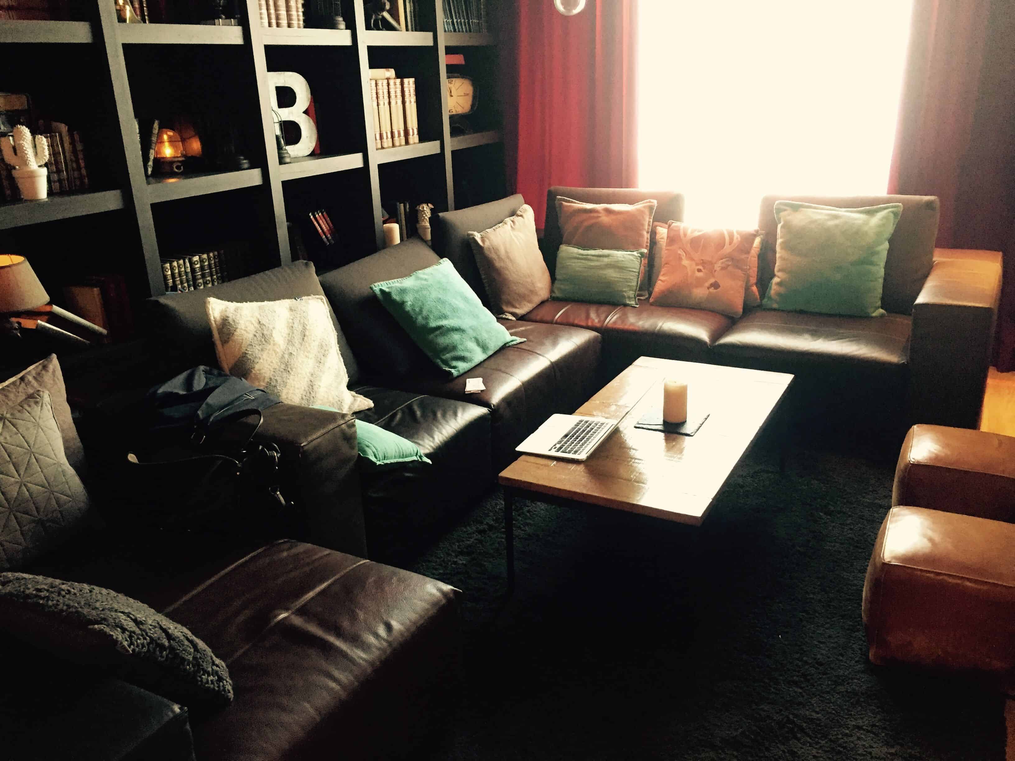 leather sofa and bookcases - pentahotel paris