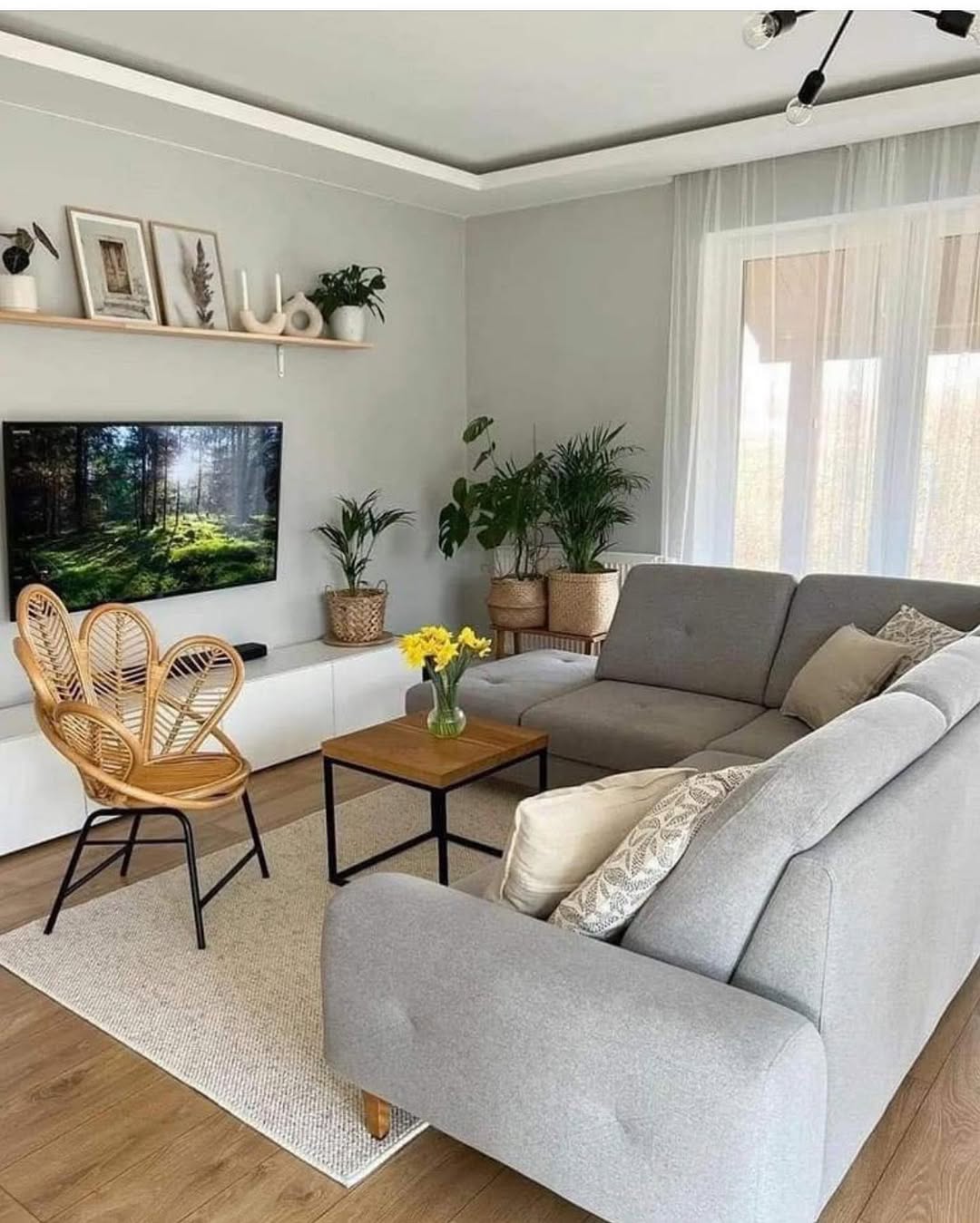Gray fabric L-shaped sectional with a rattan flower-shaped accent chair, a small wood cube coffee table holding yellow daffodils, and a floating wood shelf of framed art and plants in a bright small living room
