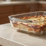 A glass baking dish with a spiderweb crack in the corner holding a bubbling, browned casserole.