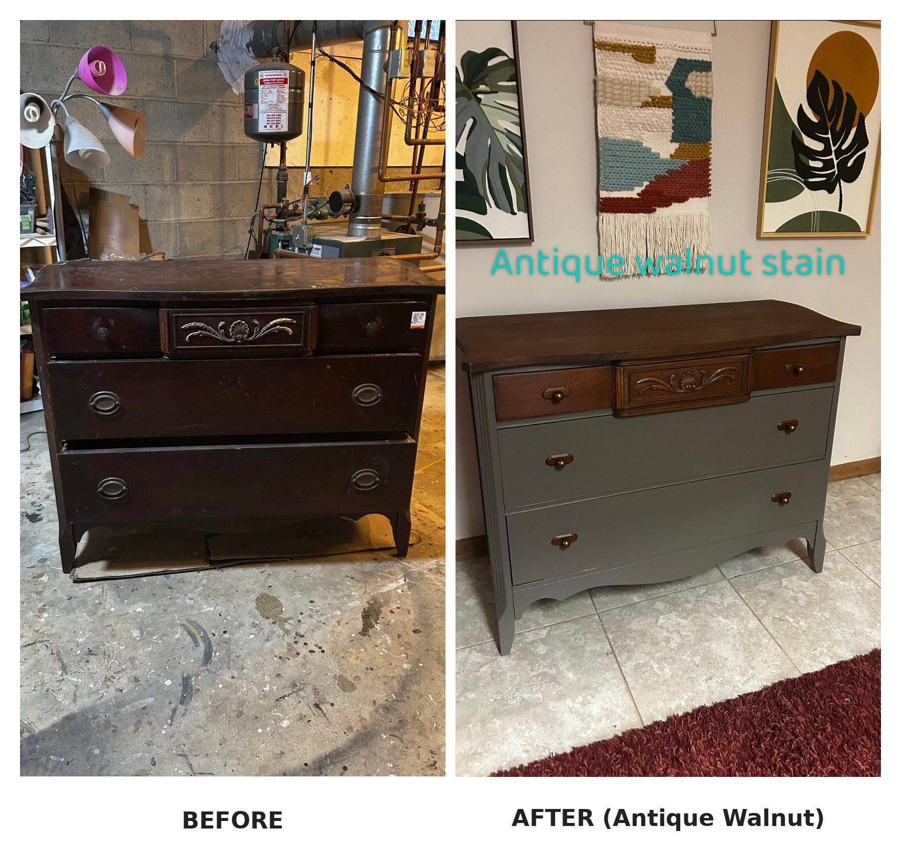 Side-by-side comparison of the water-damaged basement dresser on the left and the finished version with olive-gray body, warm antique walnut top, and brass pulls on the right.