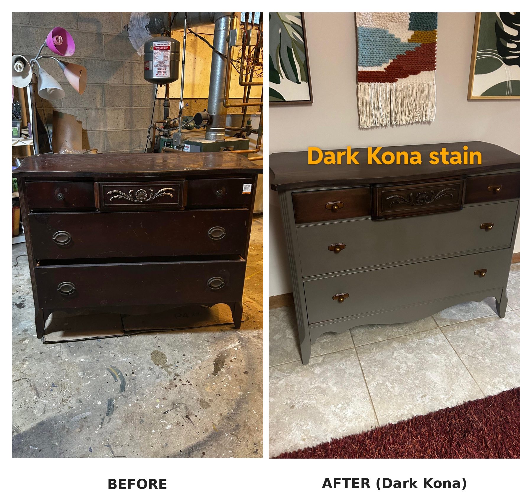 Side-by-side comparison of the beat-up basement 1940s dresser on the left and the same dresser refinished in olive-gray with a dark Kona stained top on the right.