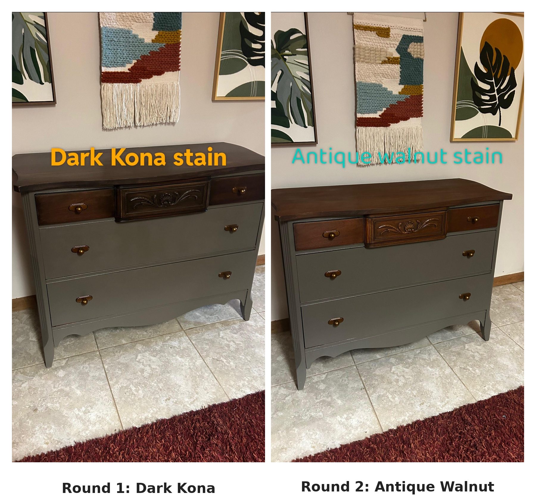 Side-by-side comparison of the same dresser with dark Kona stain on the left and warm antique walnut stain on the right, body paint and hardware identical in both.