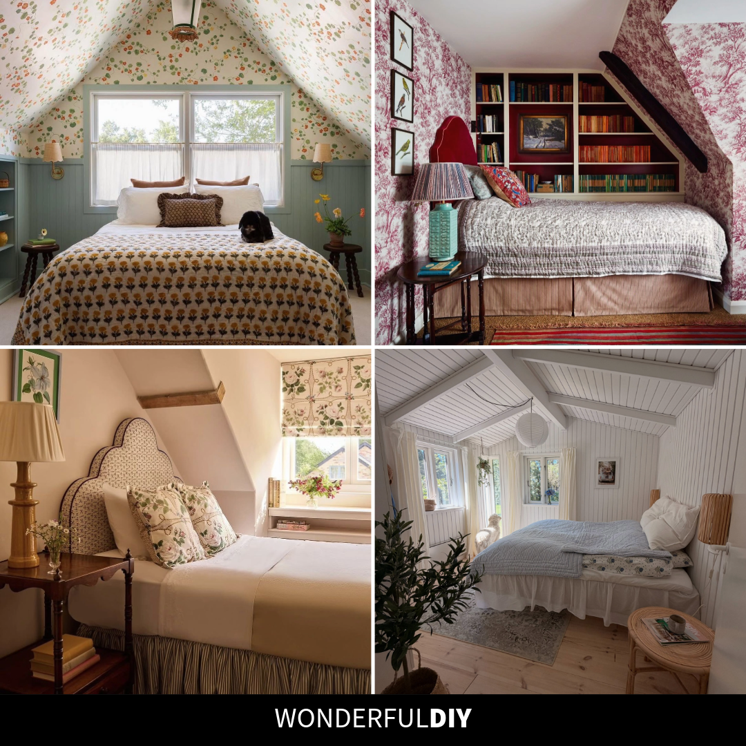 Four-image collage of styled attic bedrooms with sloped ceilings including floral wallpaper, cottage polka dot headboard, toile wallpaper with built-in bookshelf, and warm Scandinavian paneling