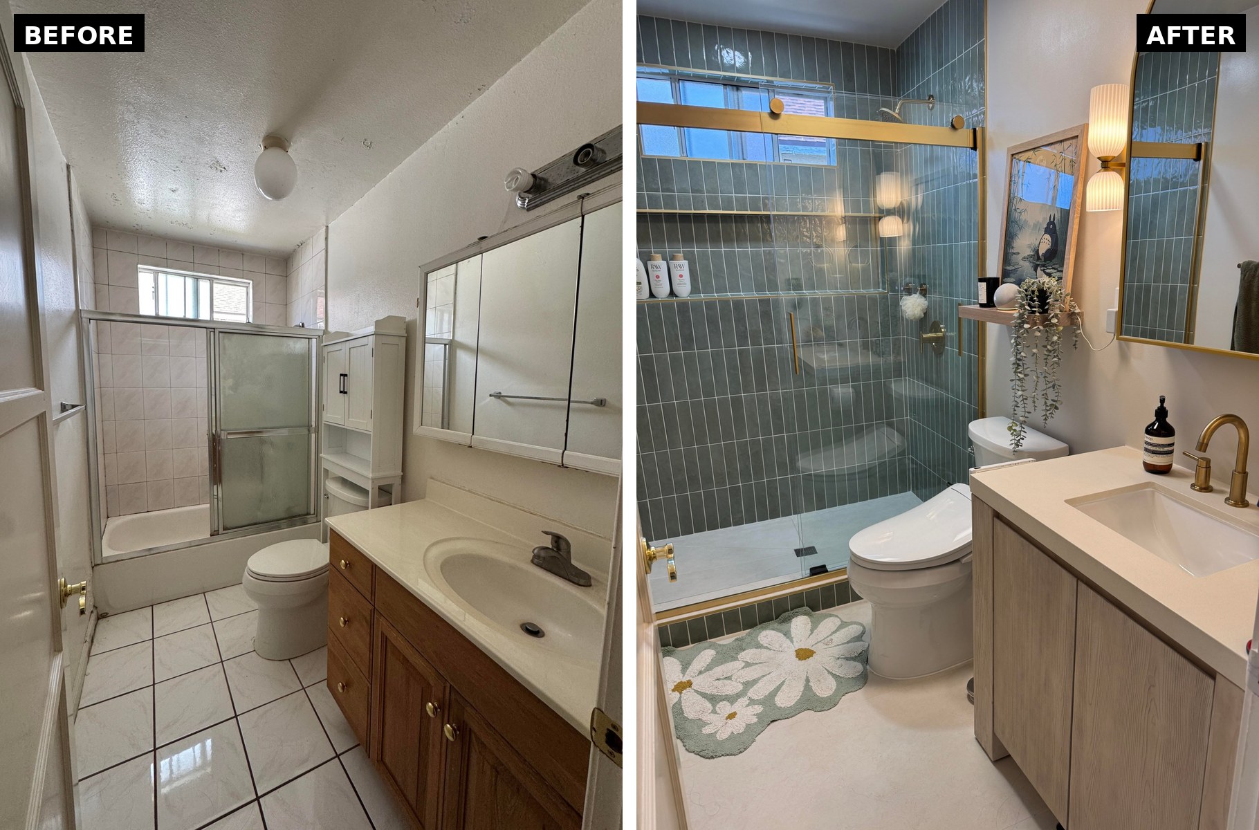 Side by side of a cramped beige bathroom with a tub-shower combo and oak vanity, next to a soft spa bathroom with sage green vertical tile, brass fixtures, an arched gold mirror, and a framed Totoro poster.