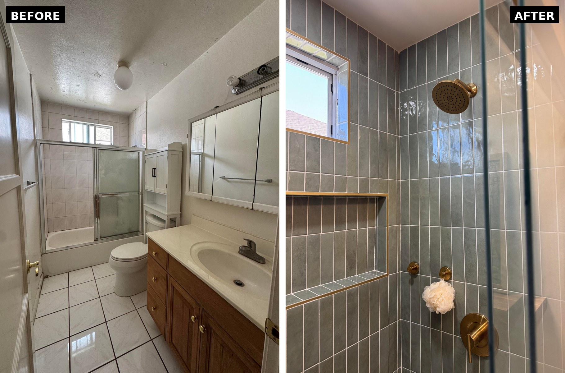 Side by side comparison of a white tub shower combo with sliding frosted doors next to a walk-in shower with sage green vertical tile and brass fixtures.