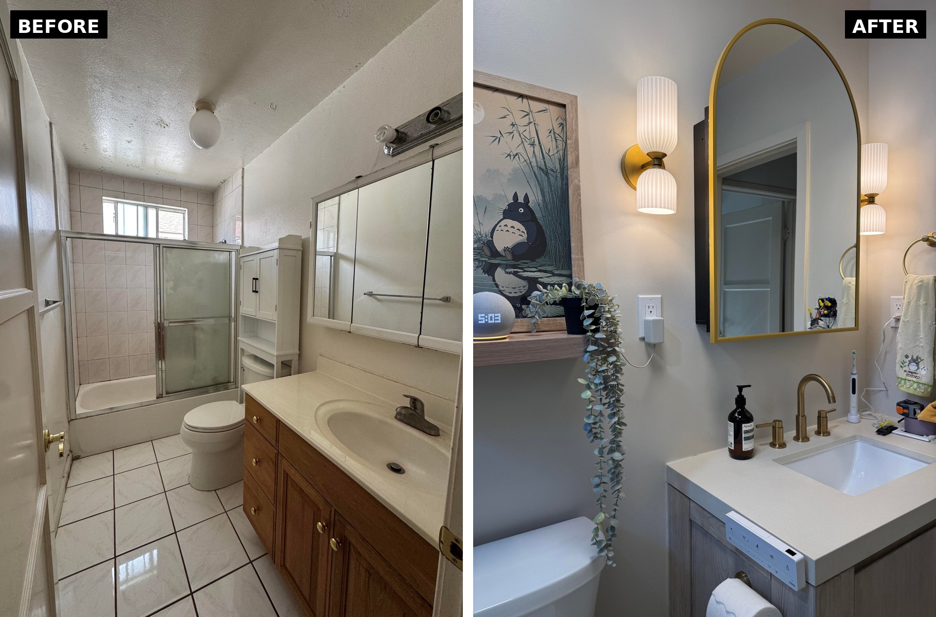Side by side of a dark oak vanity with an oval sink and medicine cabinet next to a soft washed oak vanity with an undermount sink and an arched gold mirror.