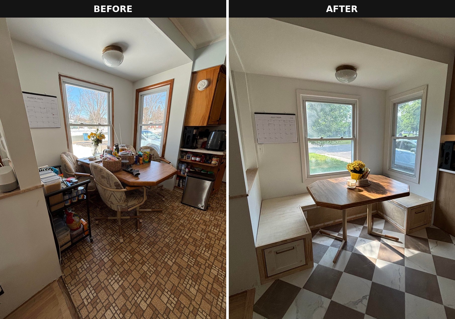 Side-by-side comparison of the breakfast nook, with the original octagon dining table and rolling swivel chairs on brown linoleum on the left, and the same octagon table with a new built-in storage bench on checkered tile on the right.