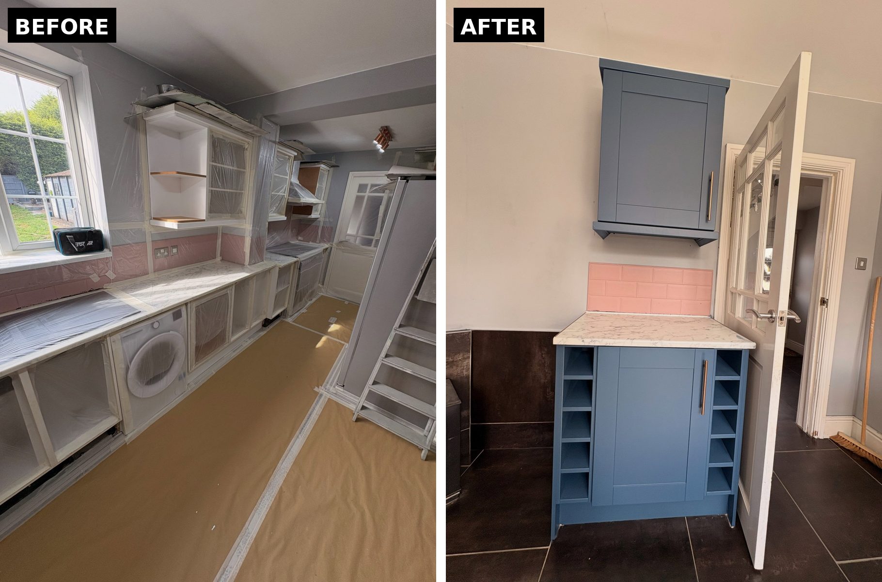 Side-by-side showing kitchen cabinets covered in masking plastic on the left and the same cabinet area finished in matte Stiffkey Blue with a wine rack unit and wall cabinet on the right.
