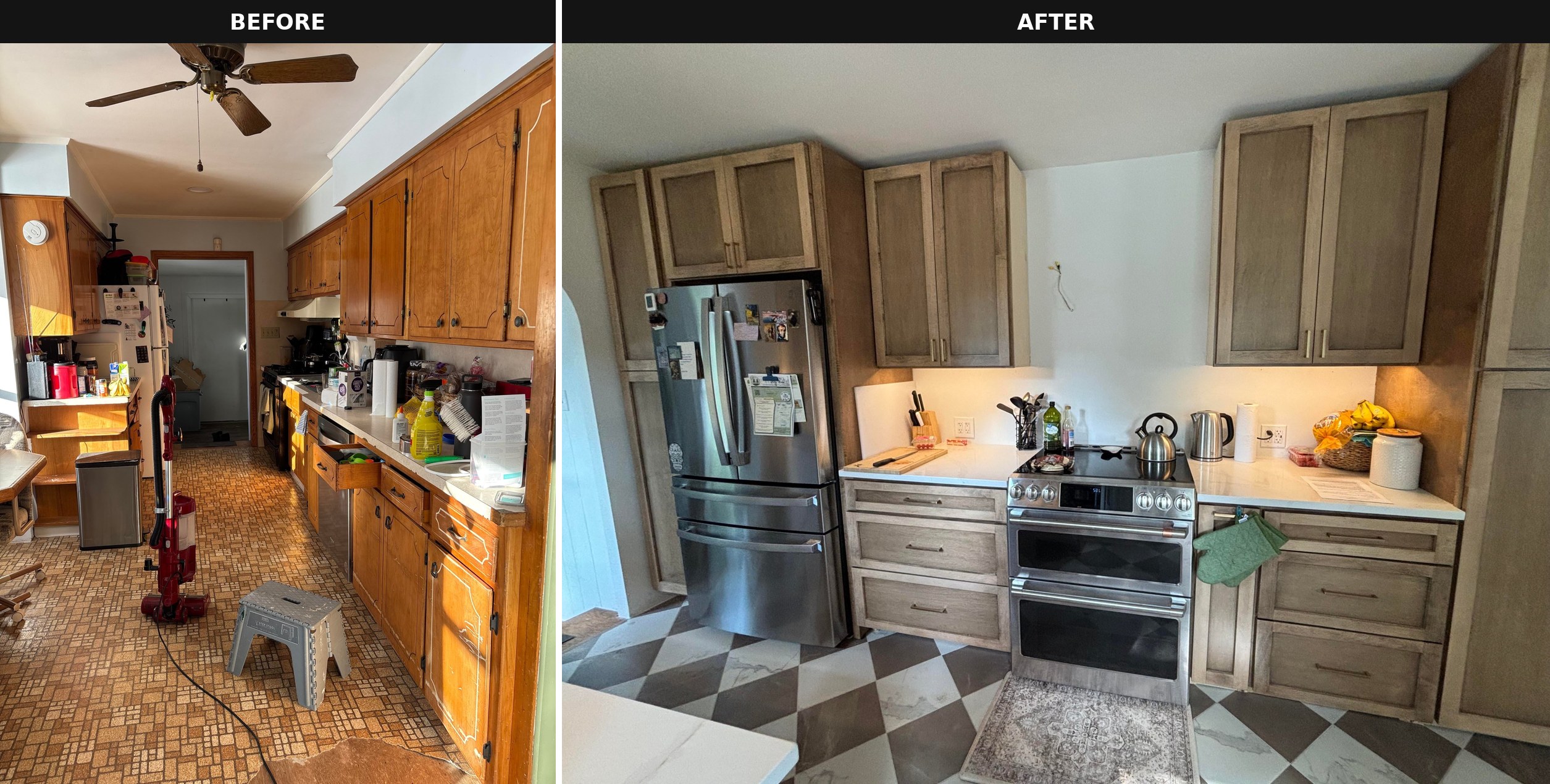 Side-by-side comparison with the old orange oak galley kitchen and ceiling fan on the left, and the new kitchen with a stainless French-door fridge, Cafe double oven, and stained wood cabinets reaching to the ceiling over checkered tile on the right.