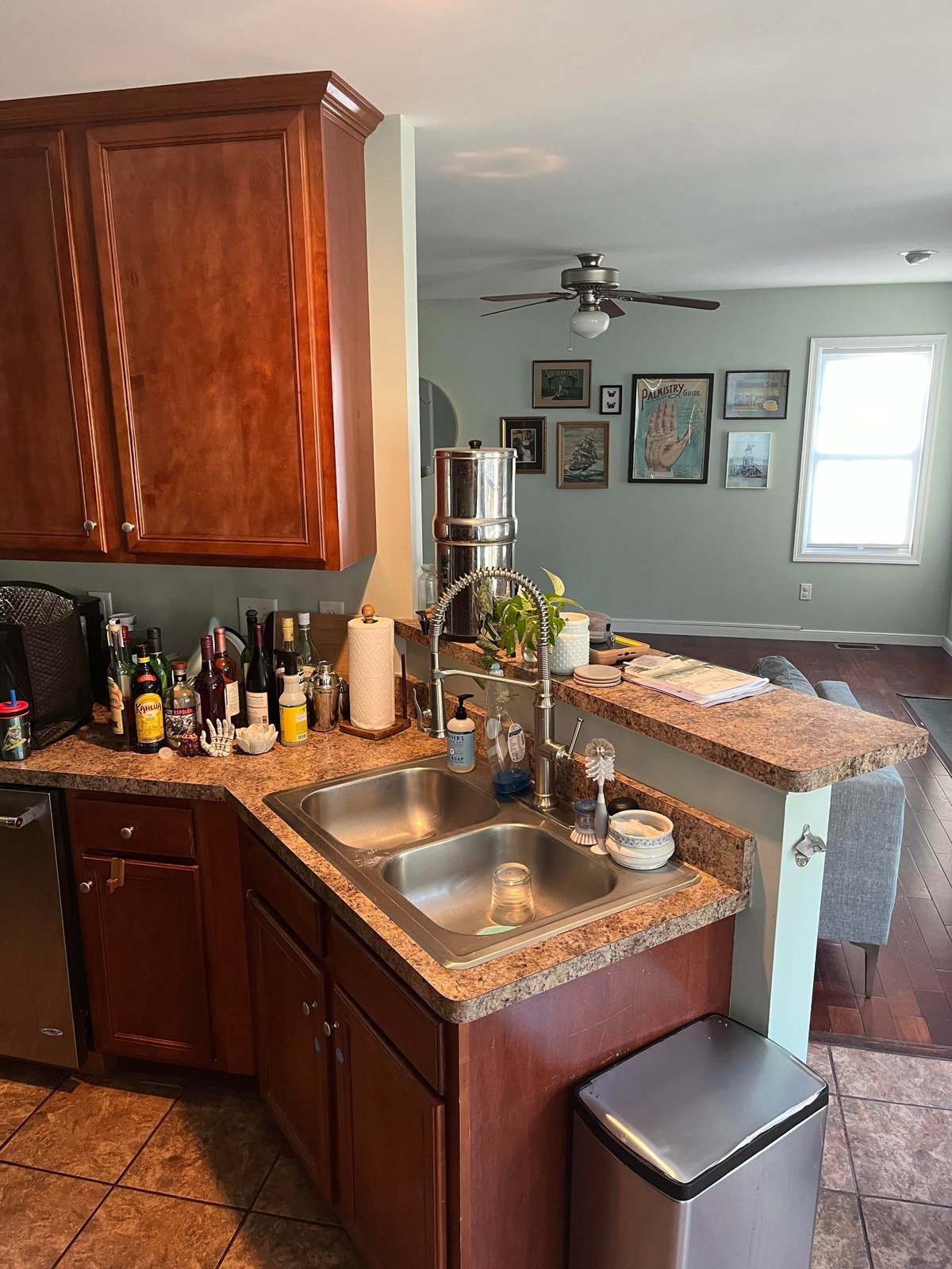 Before photo of a kitchen peninsula with cherry-orange raised panel cabinets, dark laminate counters, a double stainless drop-in sink, a tall spring-arm faucet, bottles crowding the counter, and a sage green wall in the dining room beyond.