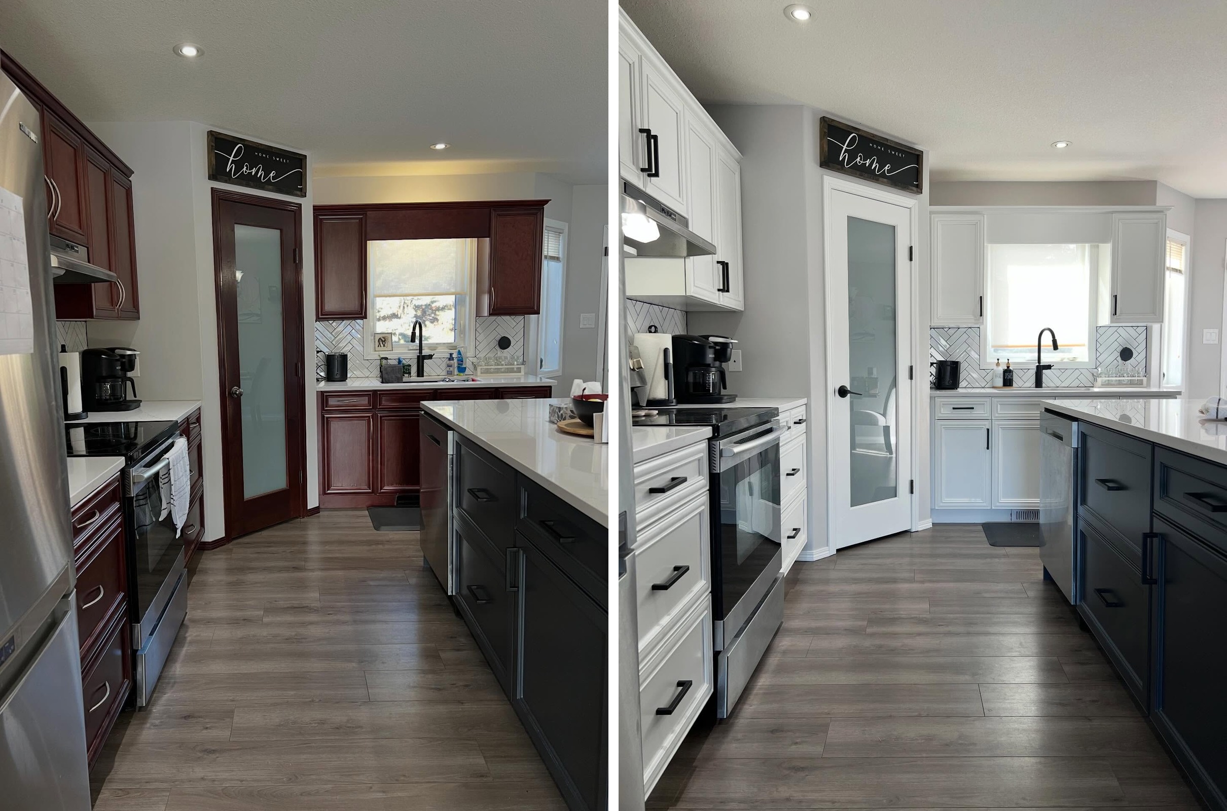 Side-by-side view of the pantry corner, cherry cabinets with a cherry framed pantry door on the left, Chantilly Lace cabinets with a white pantry door on the right. The navy island, quartz counters, and black faucet are the same.