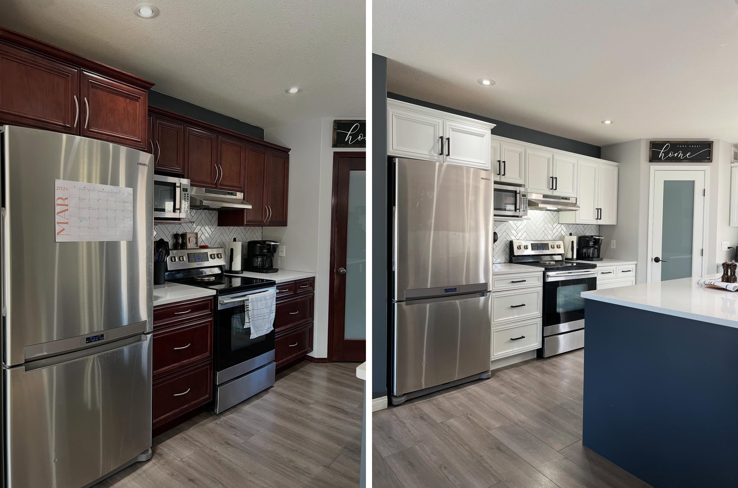 Side-by-side view of the range wall in cherry cabinets on the left and the same wall painted Chantilly Lace with matte black bar pulls on the right. Fridge, range, microwave, backsplash, and floor are the same in both shots.