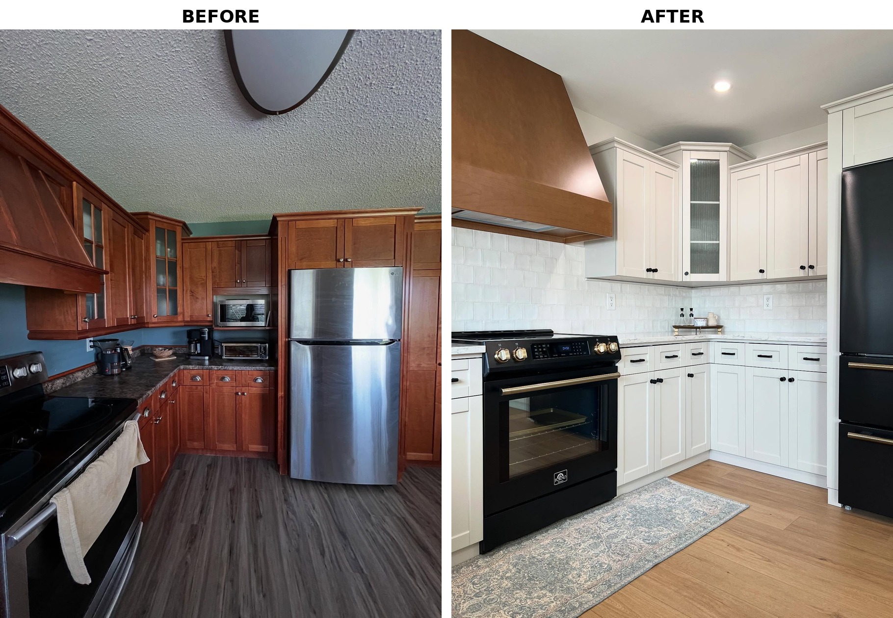 Side-by-side comparison of the stove-to-fridge corner before and after, with the before showing cherry cabinets, a stainless top-freezer fridge, dark counters, gray floors, and popcorn ceiling, and the after showing greige cabinets, a matte black bottom-freezer fridge with brass handle, white quartz, white tile, and oak flooring.