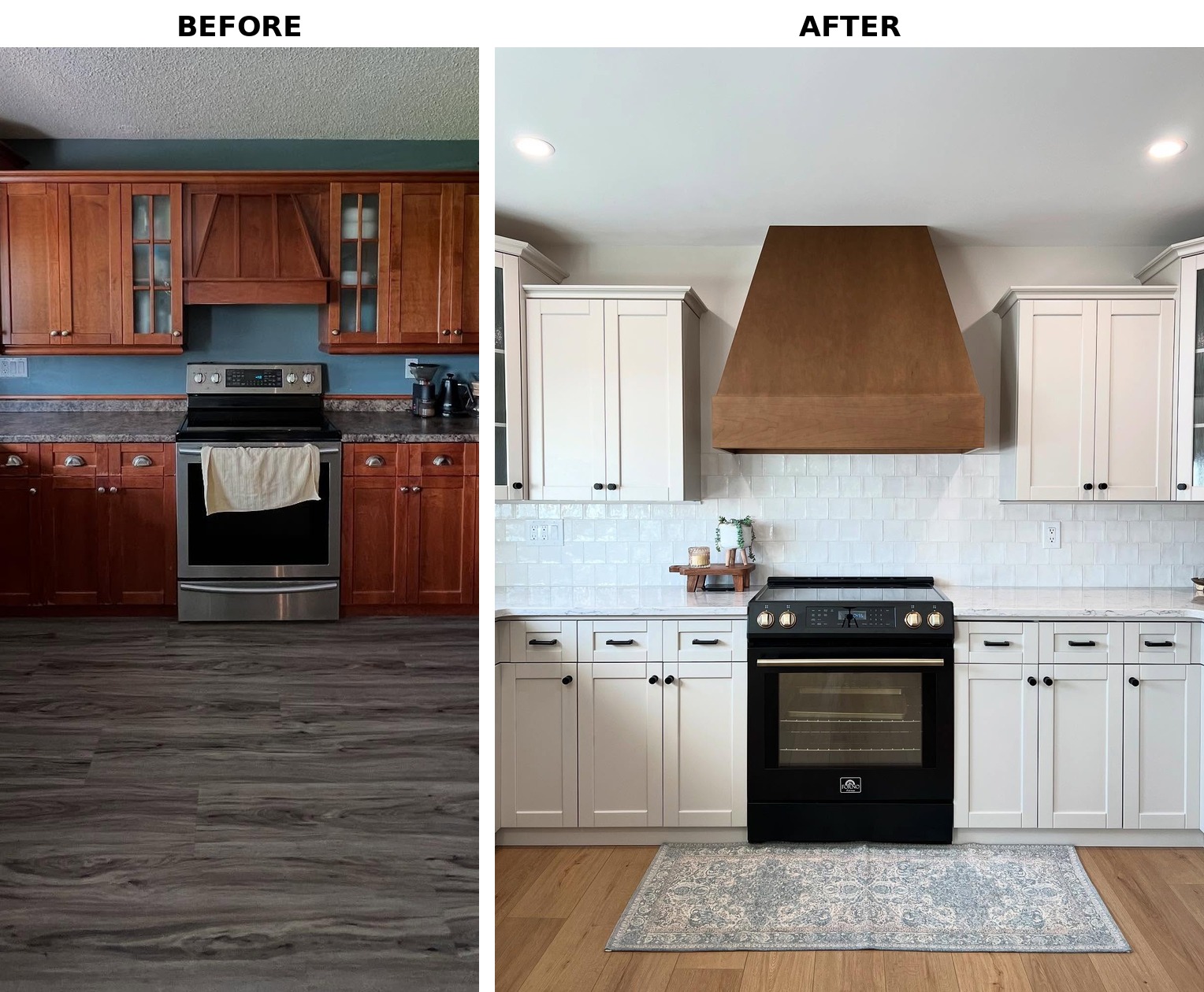 Side-by-side comparison of the stove wall before and after, showing the same wood vent hood going from lost in cherry cabinets to a clear focal point above a soft greige kitchen with white tile backsplash and a matte black range.