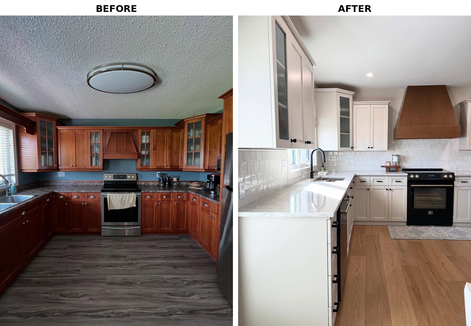 Side-by-side wide view comparison showing the original cherry and teal kitchen next to the finished soft greige kitchen with wood hood, white quartz, white tile backsplash, and natural oak floors.