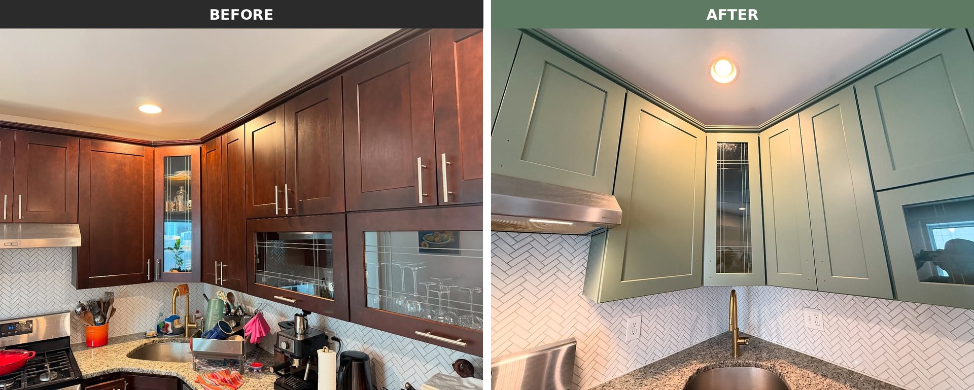 Before and after of a corner sink area, dark cherry on the left and sage green Rosepine on the right, with the same white herringbone backsplash, brass faucet, and leaded glass cabinets.