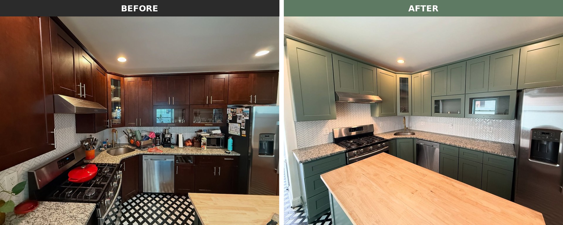 Side by side comparison of a dark cherry kitchen and the same kitchen painted sage green Benjamin Moore Rosepine, both with the white herringbone backsplash and black and white checkered floor.