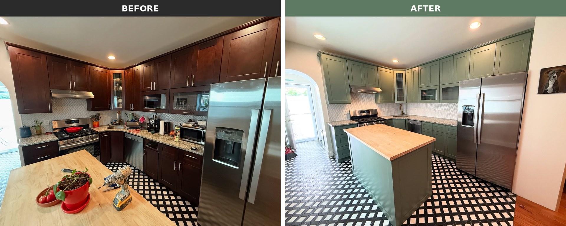 Wide island before and after showing the dark cherry kitchen on the left and the same kitchen painted sage green Rosepine on the right with checkered floor, butcher block island, and stainless fridge in both.