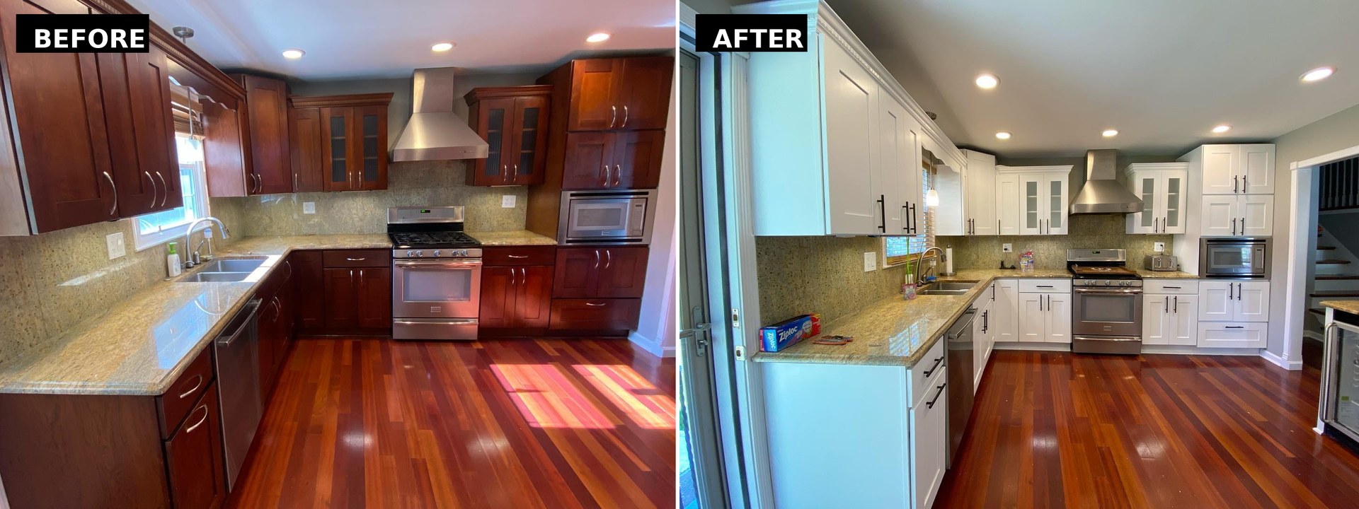 Side by side comparison of the kitchen sink wall, cherry cabinets on the left and white painted cabinets on the right, same granite counters and hardwood floors in both.