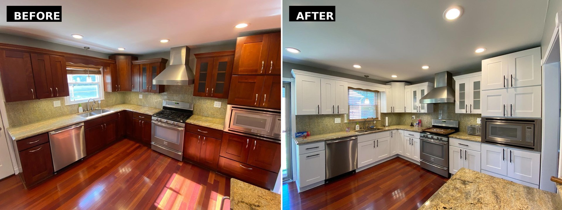 Side by side full kitchen view, dark cherry cabinets on the left and white painted cabinets with matte black hardware on the right, same floors and layout.