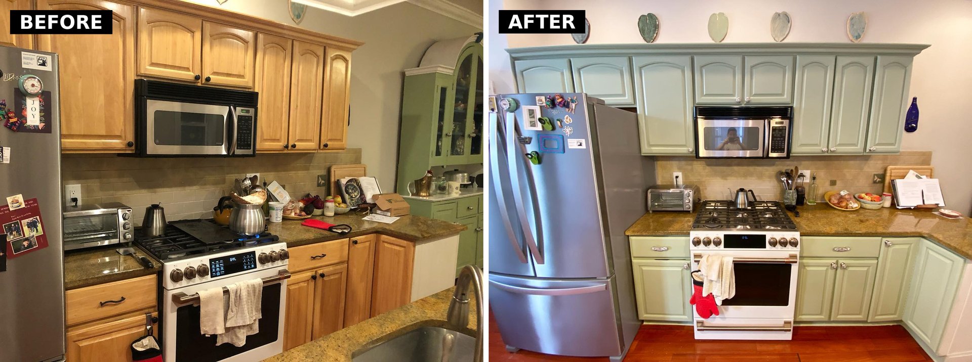 Close-up side-by-side comparison of the kitchen range wall, with honey oak cabinets on the left and the same cabinets painted Sherwin-Williams Clary Sage on the right.