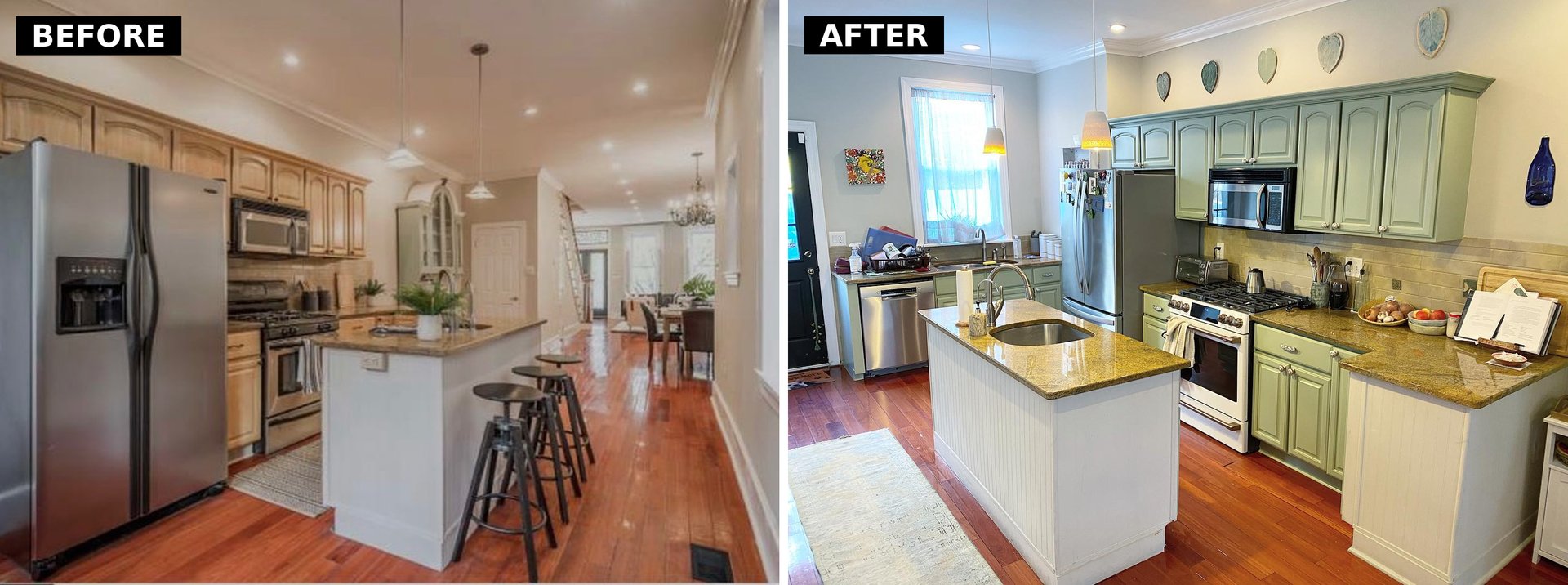 Side-by-side comparison showing a honey oak kitchen with arched cabinets and cherry floors on the left, and the same kitchen after being painted Sherwin-Williams Clary Sage on the right.