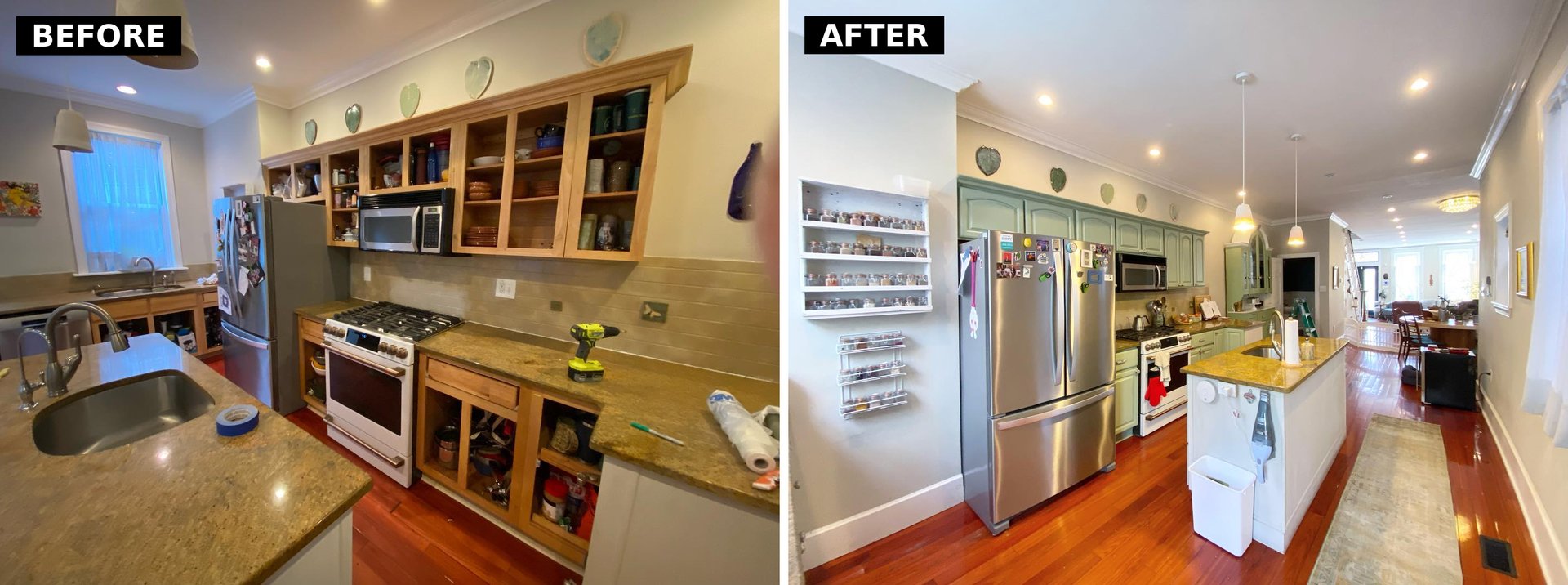 Side-by-side comparison of the kitchen during prep with doors removed from oak cabinets on the left, and the same kitchen fully finished in Clary Sage on the right.
