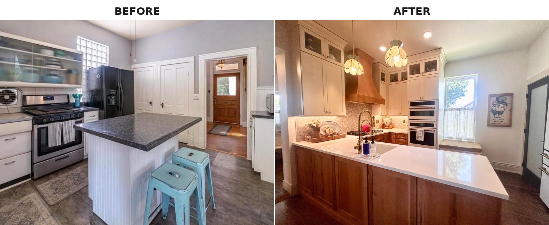 Side-by-side comparison of the Victorian kitchen before and after remodel, with the old black fridge and glass block window on the left and the new copper range hood, stained glass pendants, and tall white cabinets on the right.