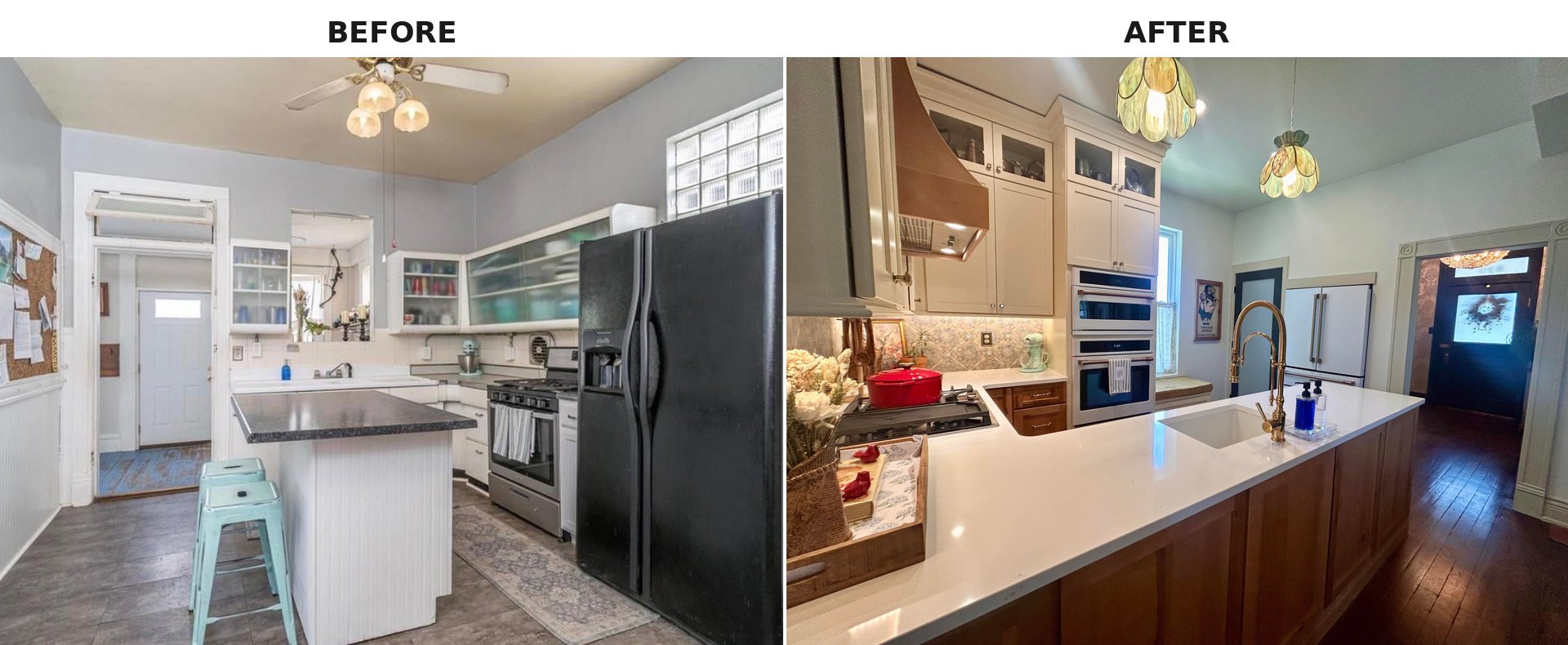 Before and after comparison showing the old black refrigerator blocking a kitchen window on the left, and the new layout on the right with a long peninsula, white French-door fridge in a built-in closet, and a bright entryway visible beyond.