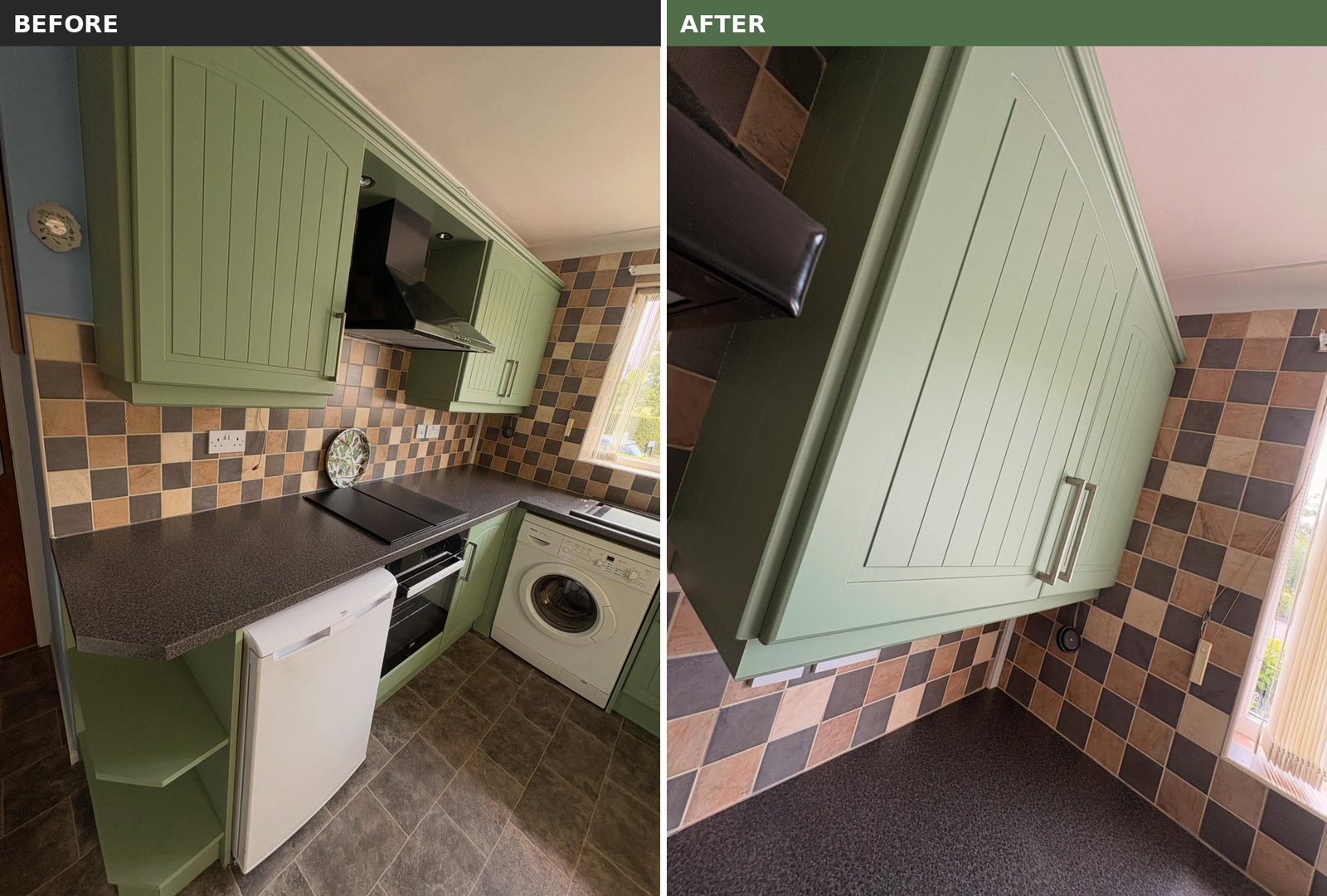 Same cooker and hood corner shown twice, cream cabinets before and sage green cabinets after painting.