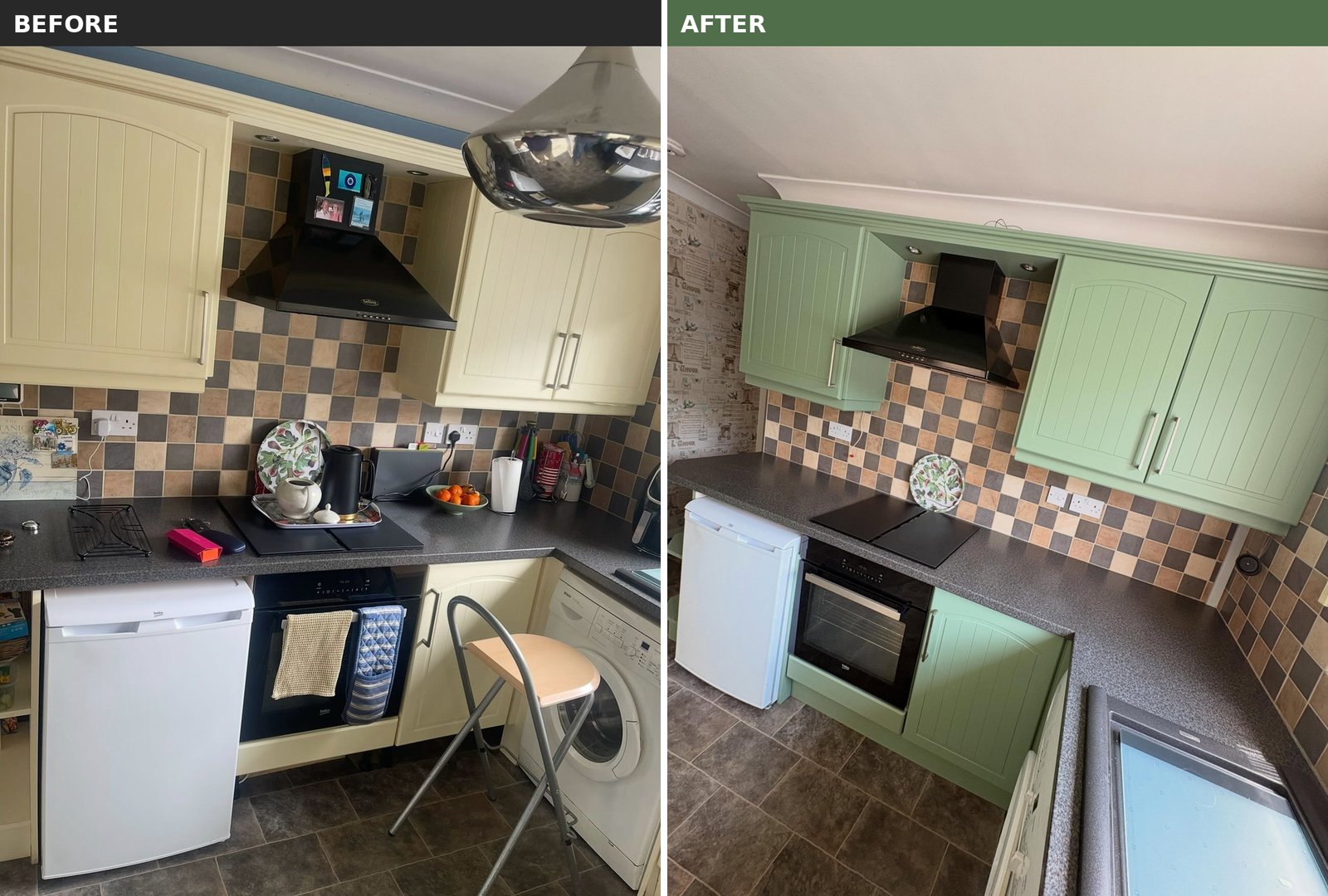 Before and after comparison of the same U-shaped kitchen, cream cabinets on the left and sage green Breakfast Room Green cabinets on the right.