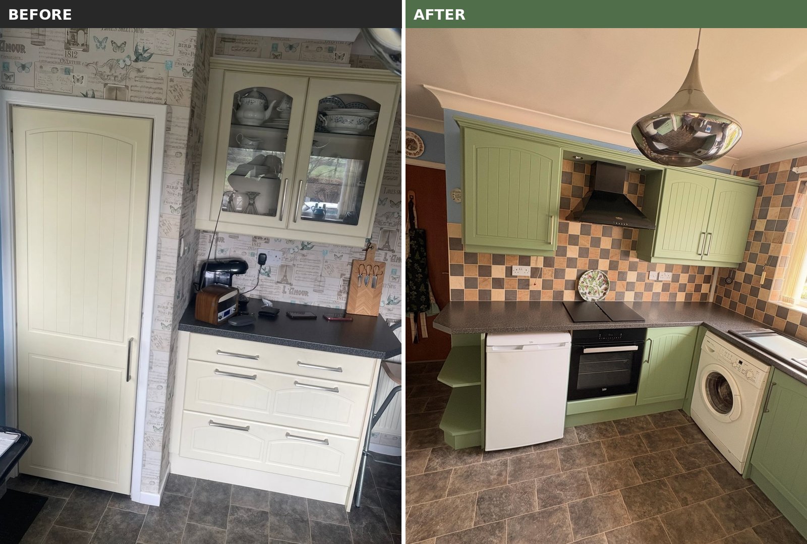 Before and after of a cream kitchen pantry door and drawers transformed to Farrow & Ball Breakfast Room Green sage.