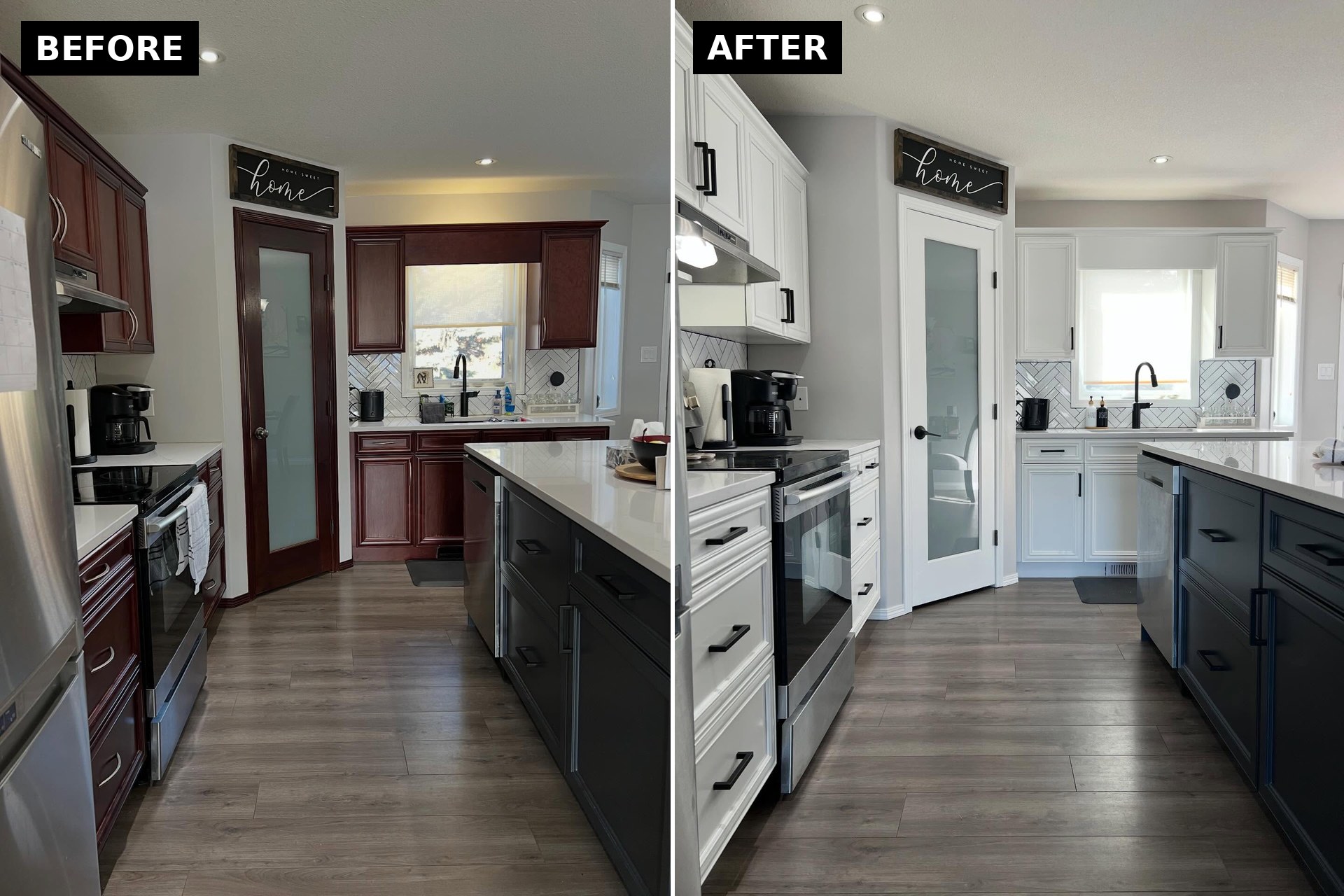 Side by side comparison of the pantry door and sink area from the same spot in the kitchen. Left panel shows cherry cabinets, a cherry framed pantry door with brushed nickel knob, and a backsplash reading yellow. Right panel shows the same pantry door painted white with a matte black lever handle, and the backsplash now reading crisp white.