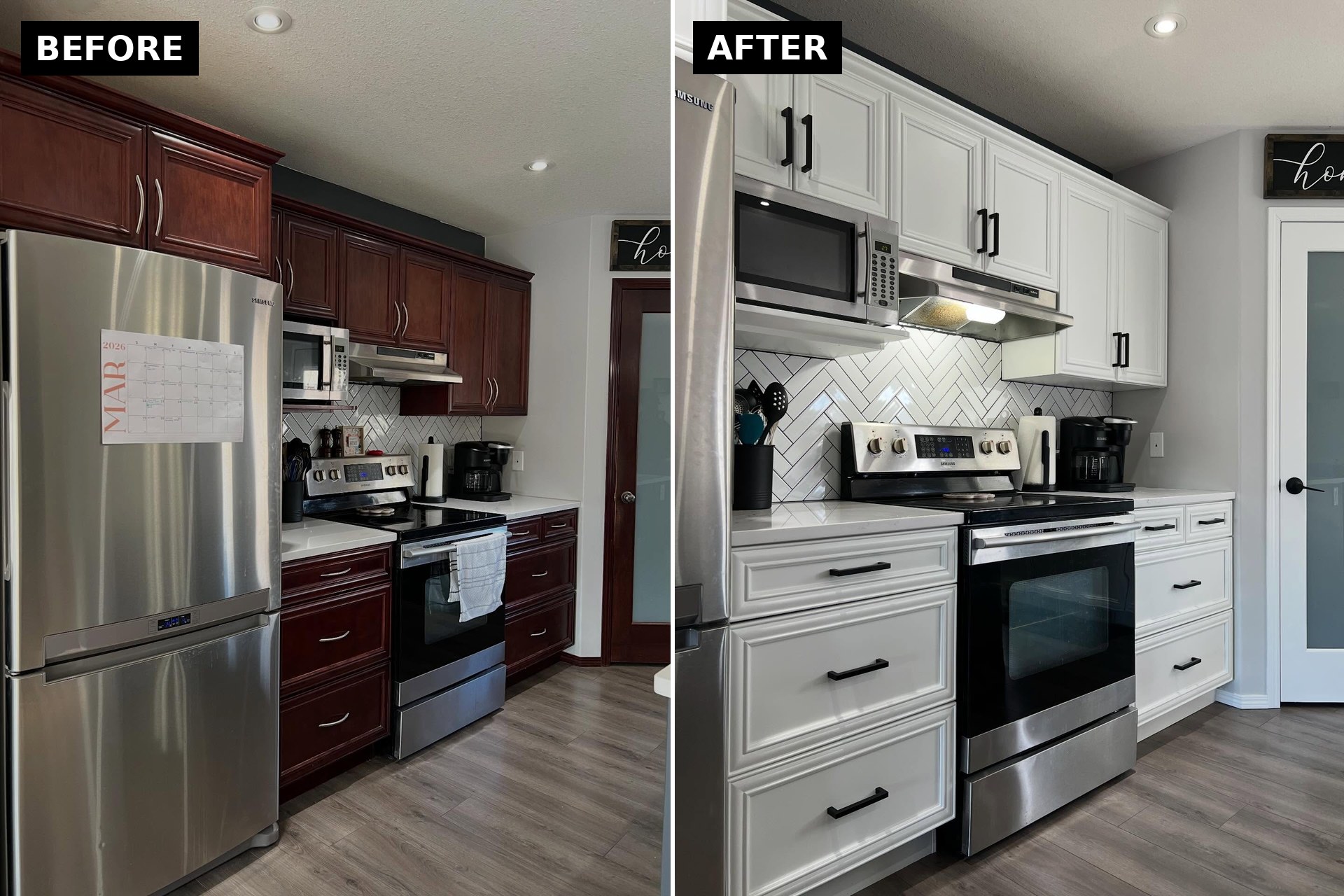 Side by side before and after of the same range wall. Left panel shows cherry stained raised panel cabinets with brushed silver arched pulls and a backsplash that reads yellow. Right panel shows the exact same cabinets painted crisp white with squared matte black bar pulls, and the backsplash now reading as a clean bright white.