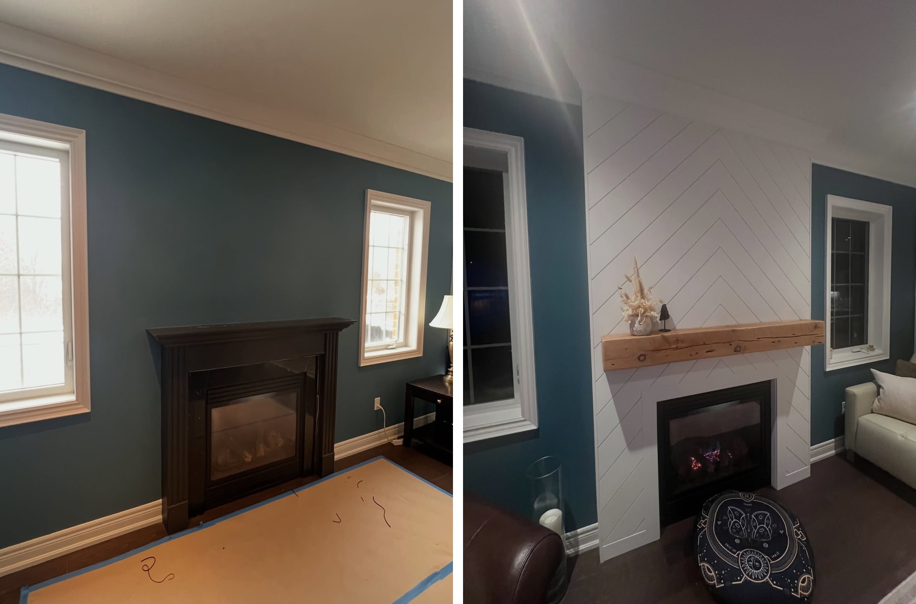Side-by-side comparison showing the original dark room with the small dark espresso mantel on the left and the finished tall white chevron fireplace with warm wood beam on the right.