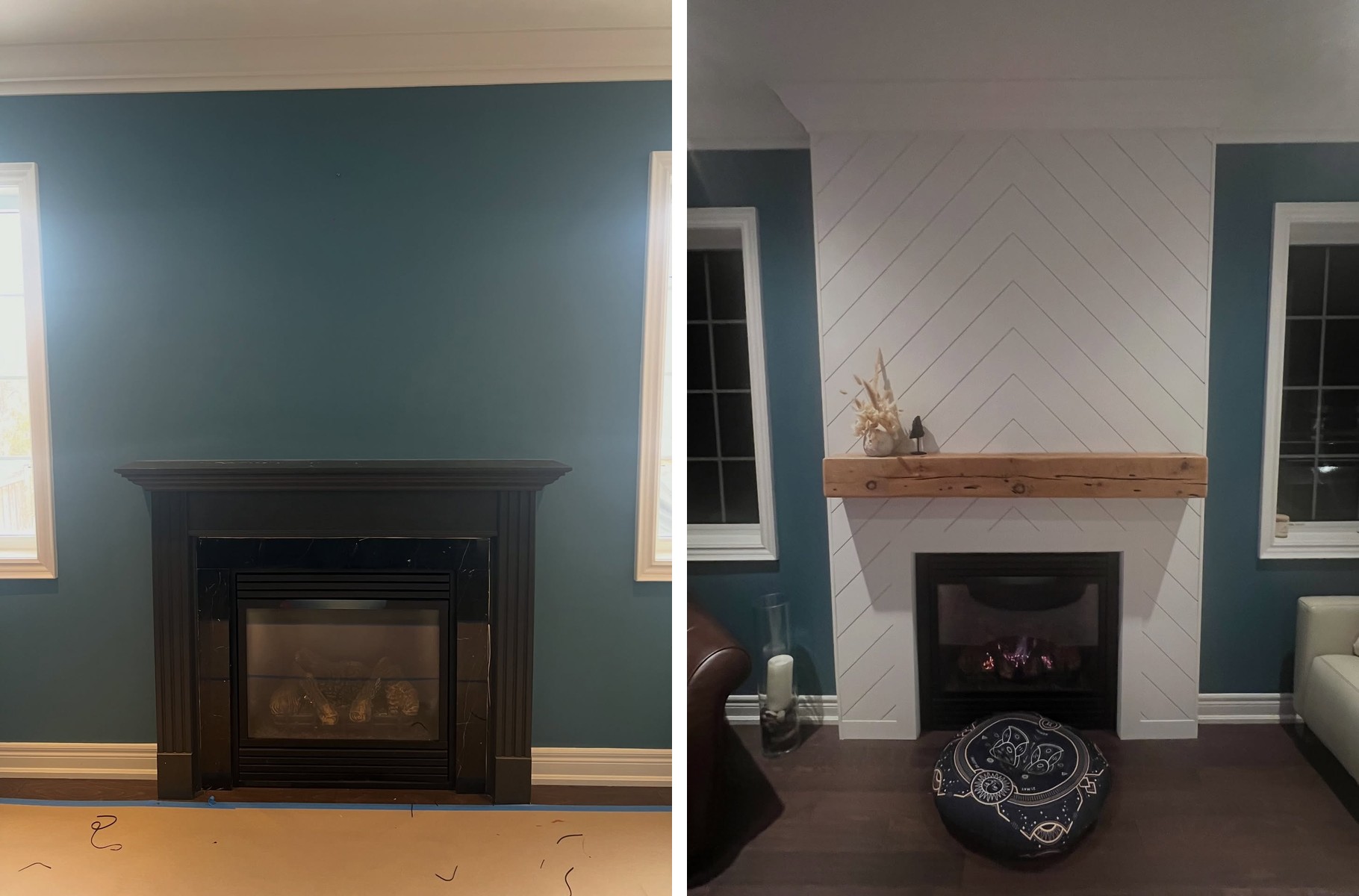 Side-by-side comparison showing the short dark espresso mantel on the left and the finished floor-to-ceiling white chevron fireplace with reclaimed barn beam on the right.