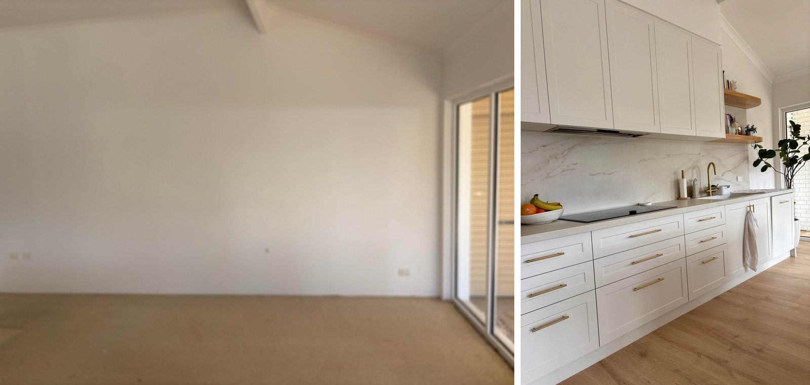 Side by side of a blank beige-carpeted room with a sliding door, next to the finished kitchen cooktop run with white cabinets and open shelves.