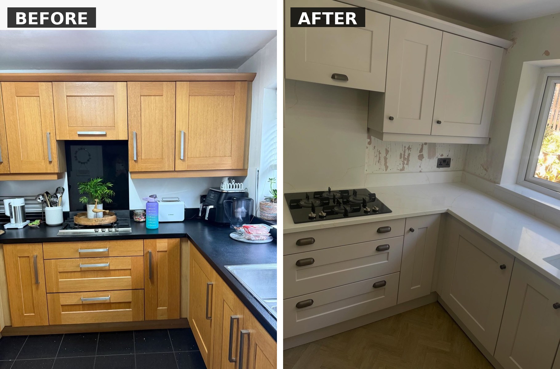 Side by side comparison of the hob corner. Left shows honey oak cabinets with a black laminate counter and black tile floor. Right shows the same corner in soft Dulux Gentle Fawn with new white veined quartz counters and burnt steel cup handles on the drawers.
