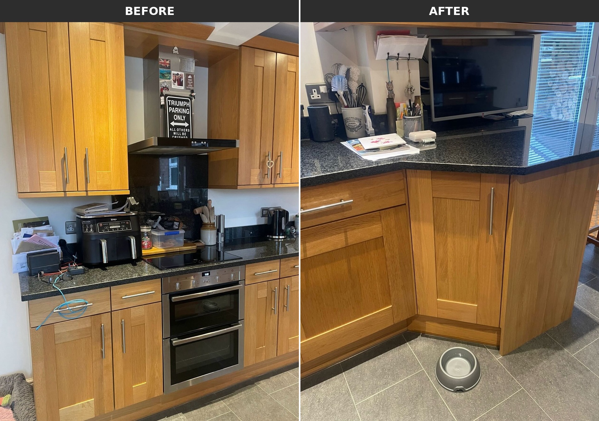 Side-by-side comparison of the oak run of cabinets around the cooker hood on the left and the same run painted cashmere on the right.