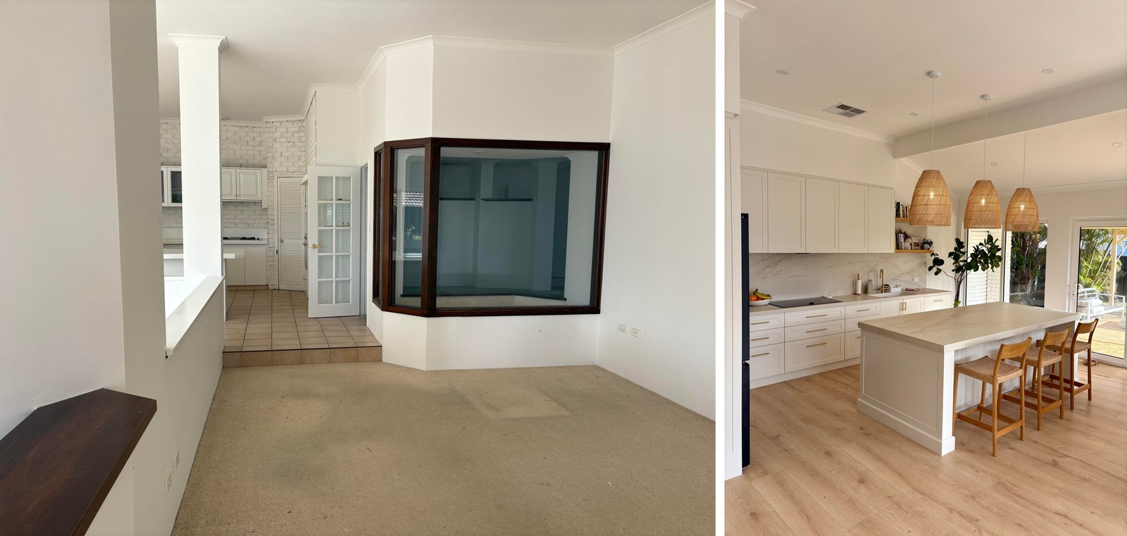 Side by side showing a dim 1990s kitchen with white brick walls and a glass garden box, next to a bright new kitchen with a Dekton island and three rattan pendants.