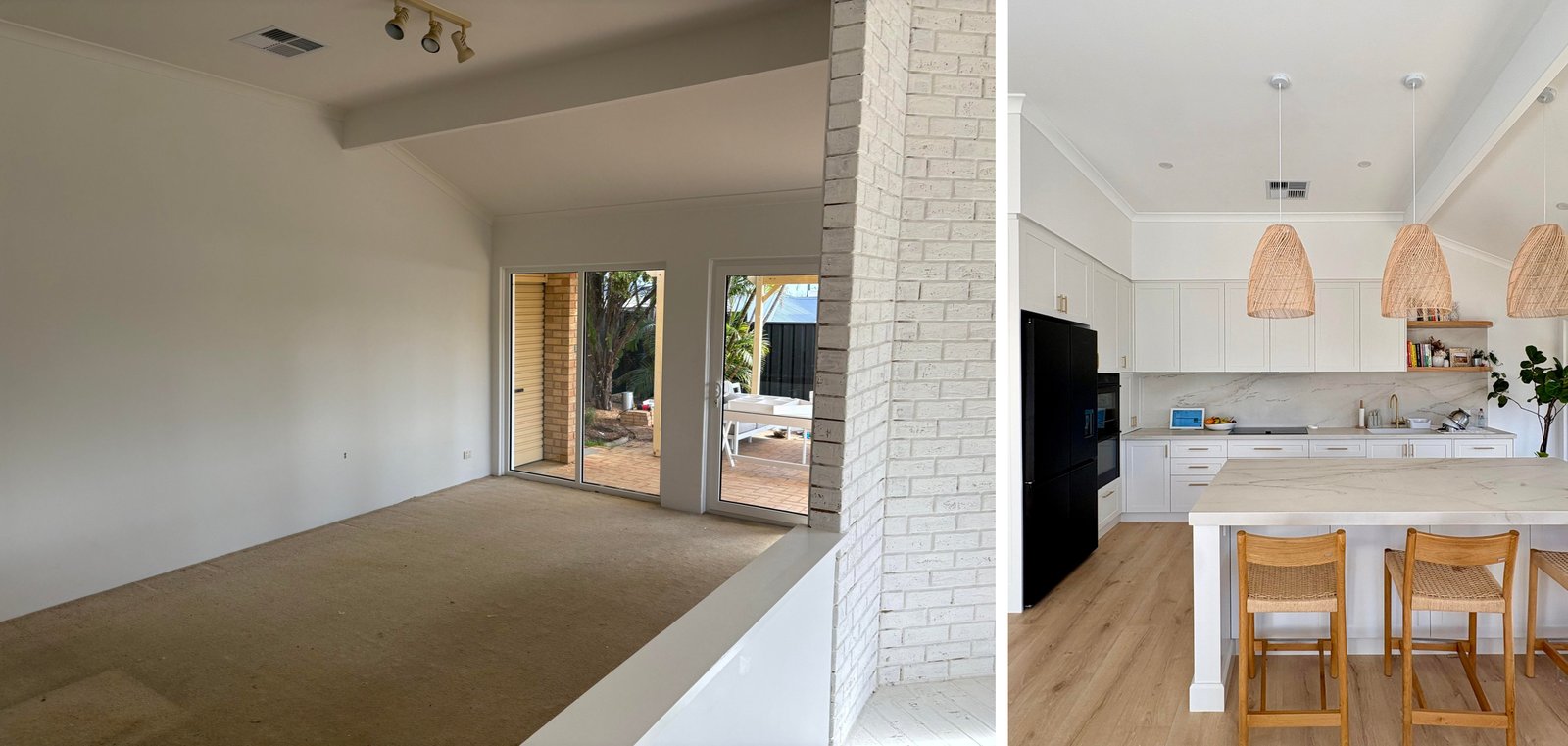 Side by side of the original living room with beige carpet, next to the finished kitchen with rattan pendants and a marble island in the exact same spot.